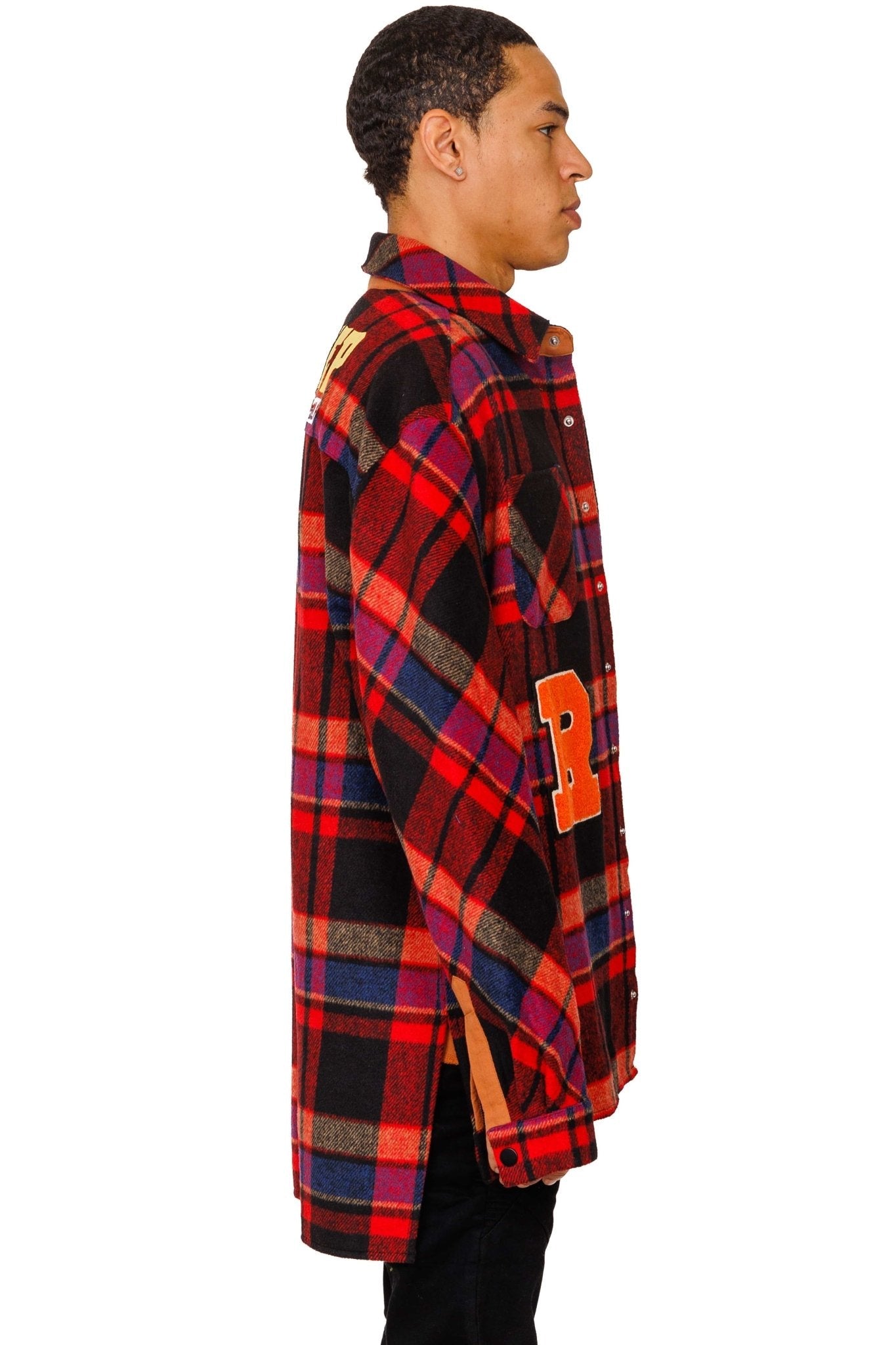 AUREOLIN Men's graphic prints and patches red plaid pattern cotton heavy flannel elongated oversize snap button outer shirt.