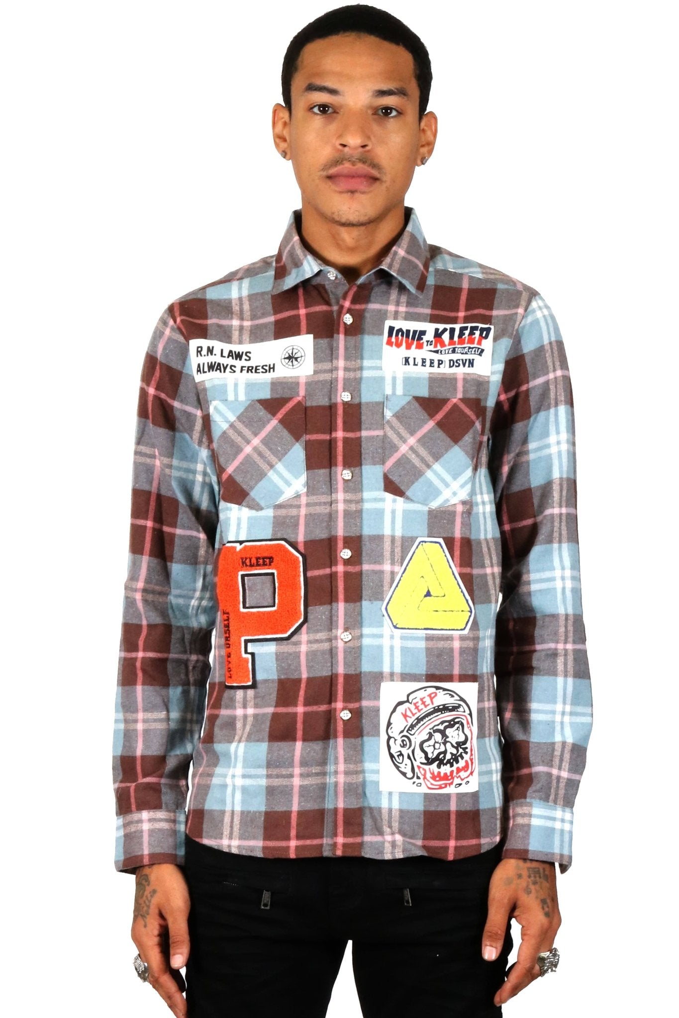 BANAN Men's graphic prints and patches blue tone plaid pattern cotton flannel button down shirt