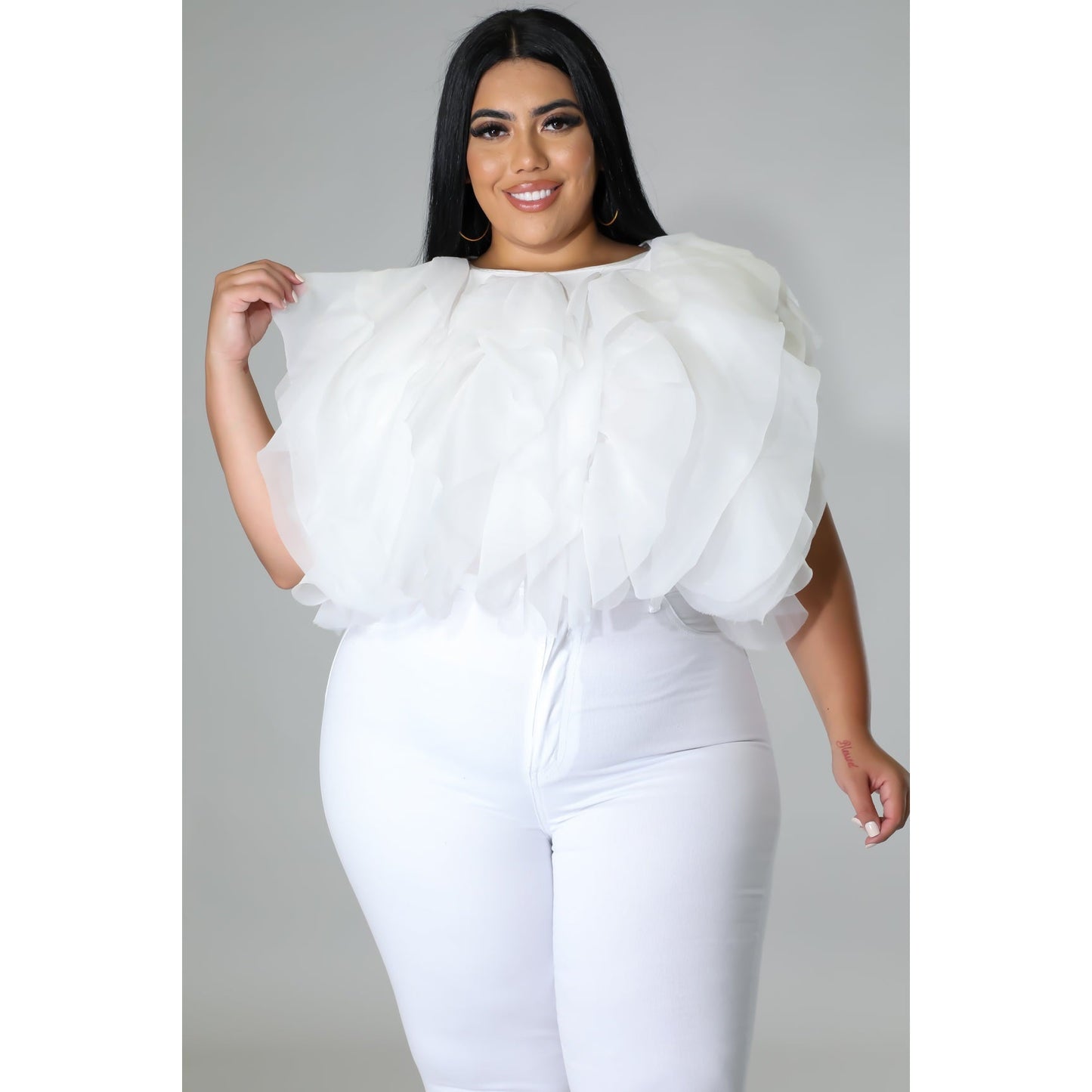 PLUS SIZE RUFFLE TULLE CROP TOP BLOUSE