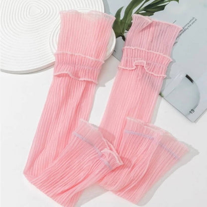 Pink Sheer Ruched Look Pull Up Arm Sleeves Glove