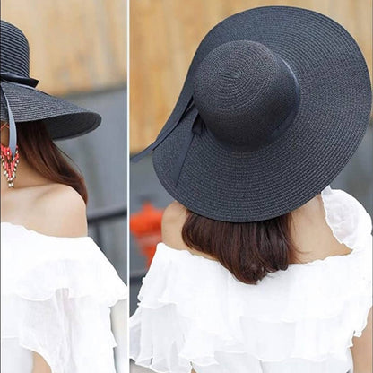 Black Floppy Beach Straw Hat, Foldable Wide Brim with Bowknot UPF50