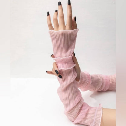 Pink Sheer Ruched Look Pull Up Arm Sleeves Glove