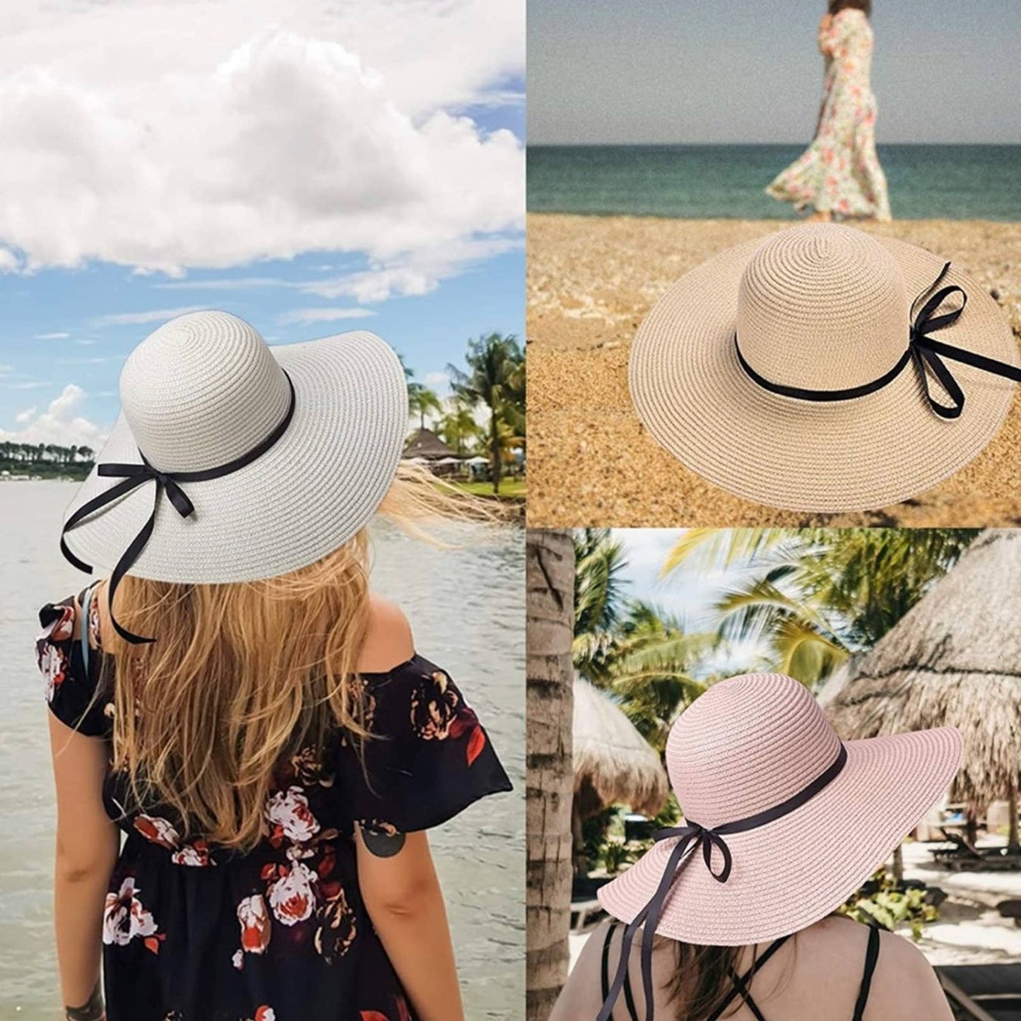 Black Floppy Beach Straw Hat, Foldable Wide Brim with Bowknot UPF50