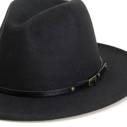 Black Belt Buckle Trim Wide Brim Felt Hat