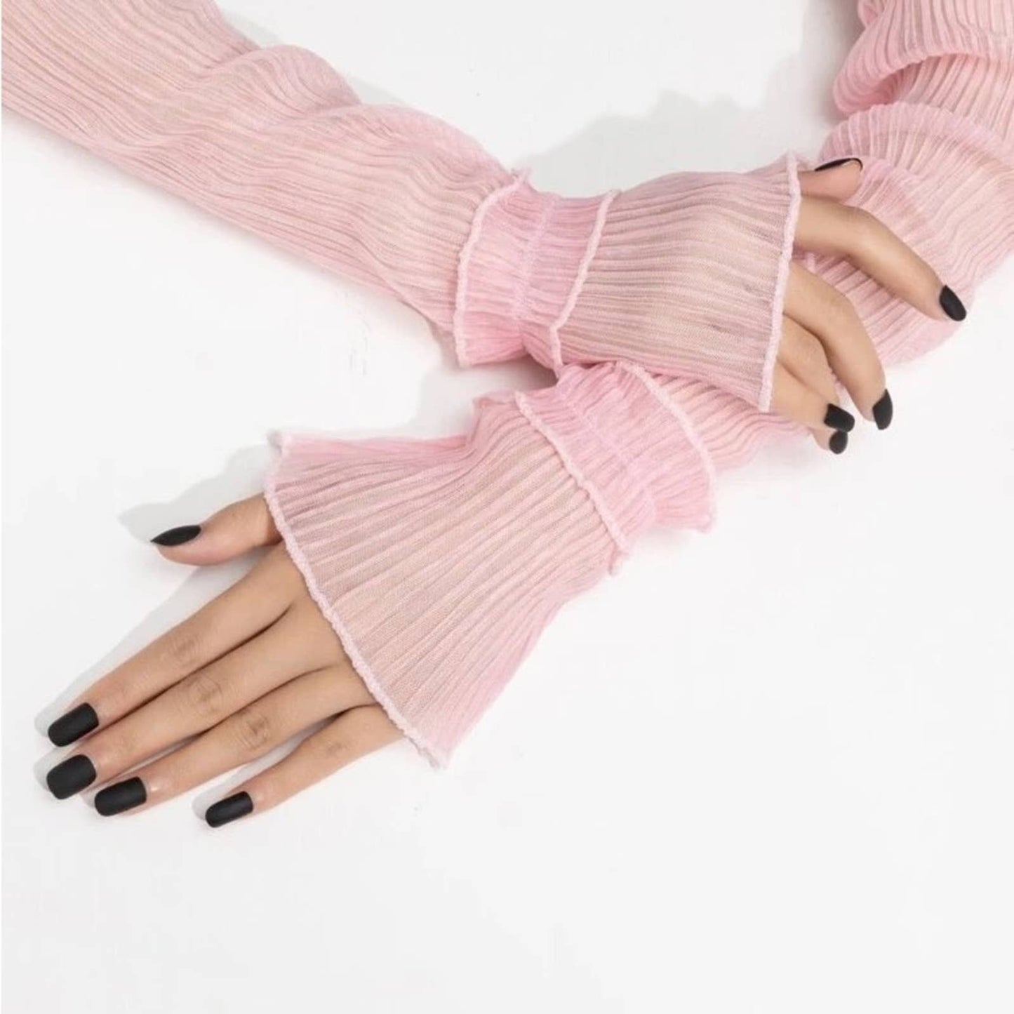 Pink Sheer Ruched Look Pull Up Arm Sleeves Glove