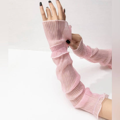 Pink Sheer Ruched Look Pull Up Arm Sleeves Glove