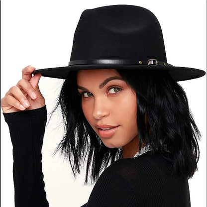 Black Belt Buckle Trim Wide Brim Felt Hat