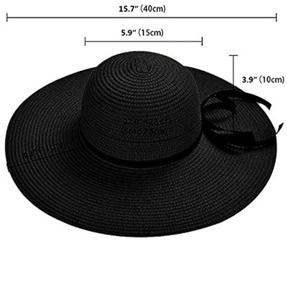 Black Floppy Beach Straw Hat, Foldable Wide Brim with Bowknot UPF50