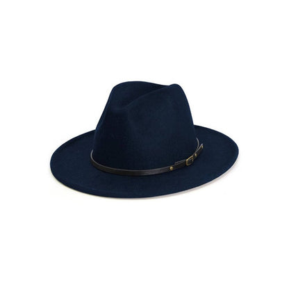 Navy Belt Buckle Trim Wide Brim Felt Hat