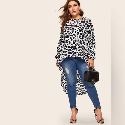 Plus Dip Hem Leopard Print Blouse