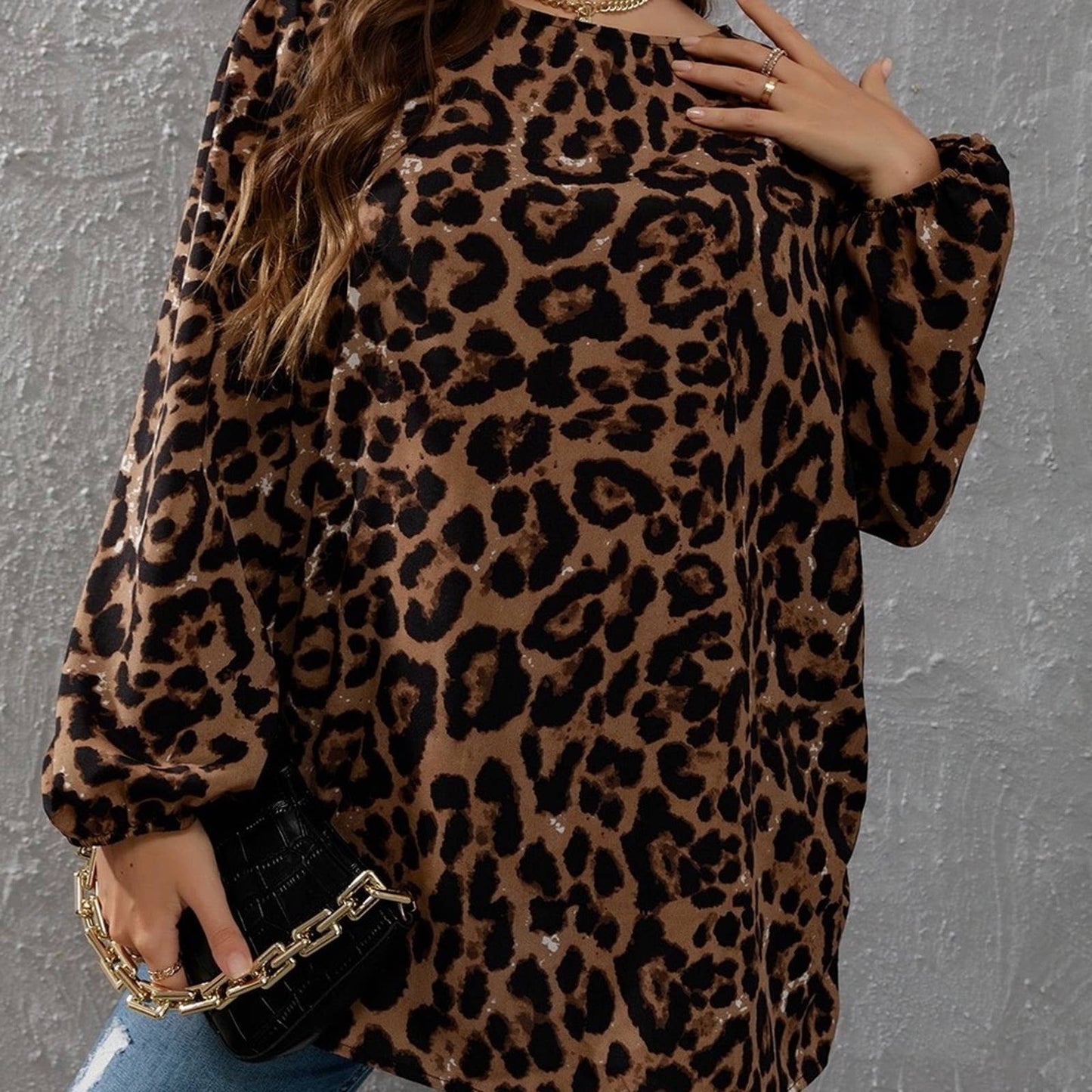 Plus Leopard Print Lantern Sleeve Blouse