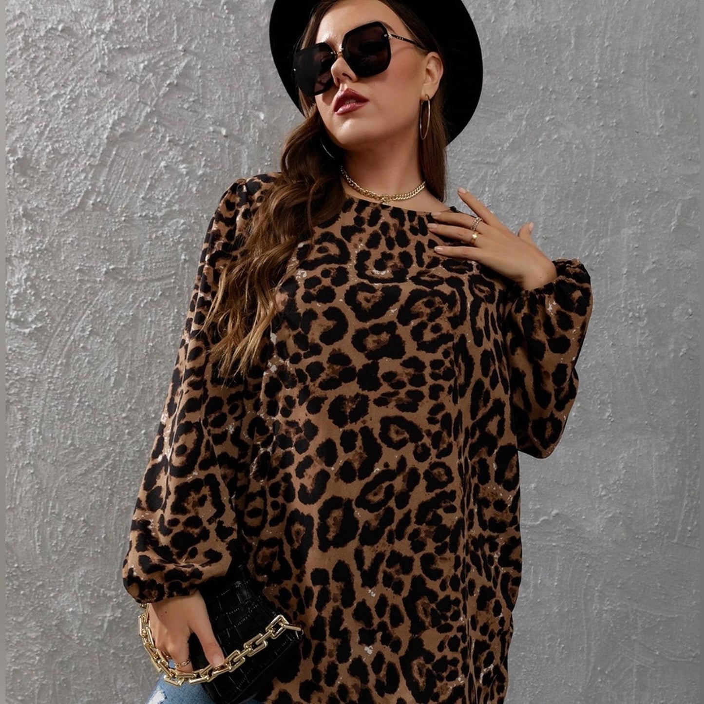 Plus Leopard Print Lantern Sleeve Blouse