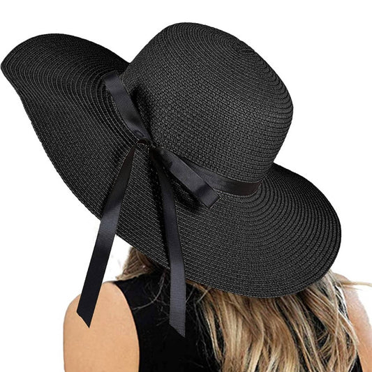 Black Floppy Beach Straw Hat, Foldable Wide Brim with Bowknot UPF50